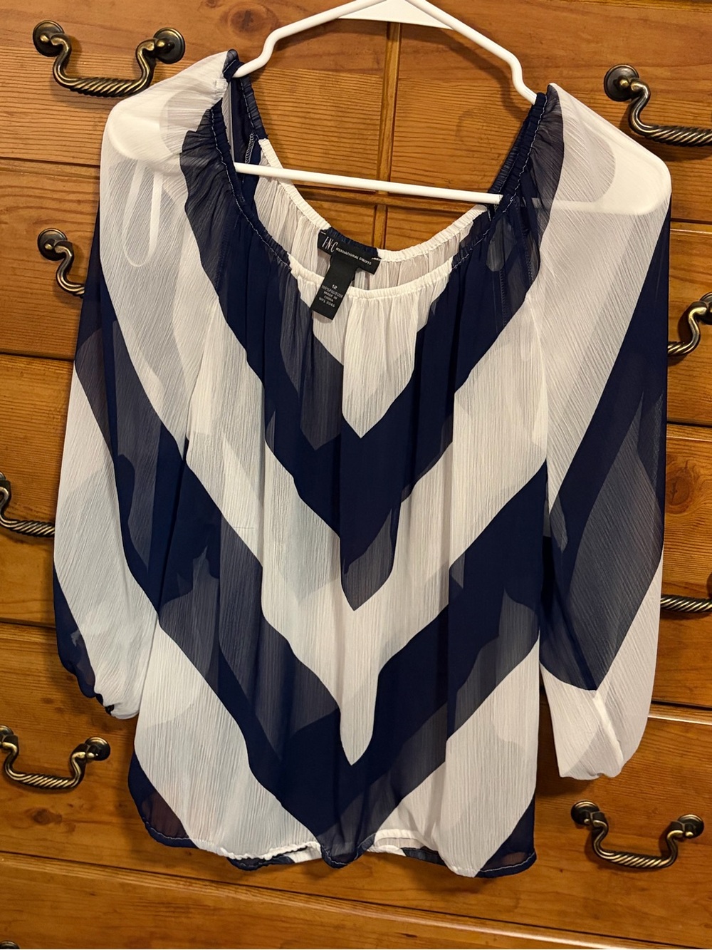 INC International Concepts Navy and White Chevron Sheer Blouse